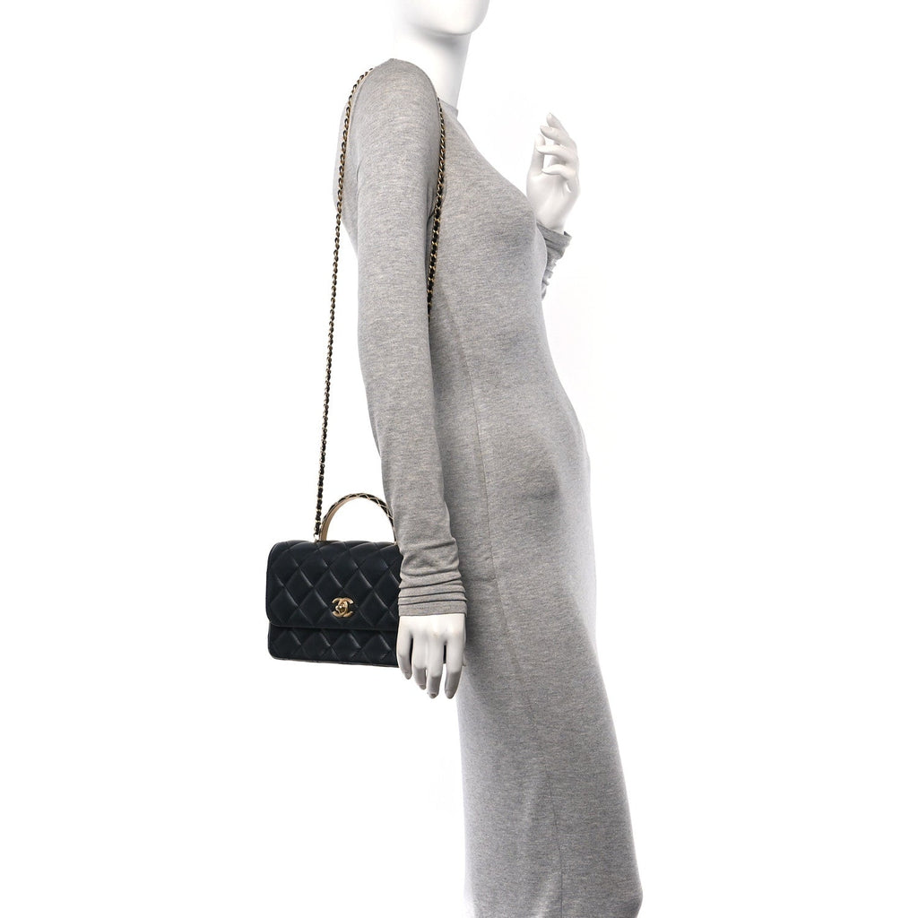 Lambskin Metal Quilted Twist Top Handle Flap With Chain Black