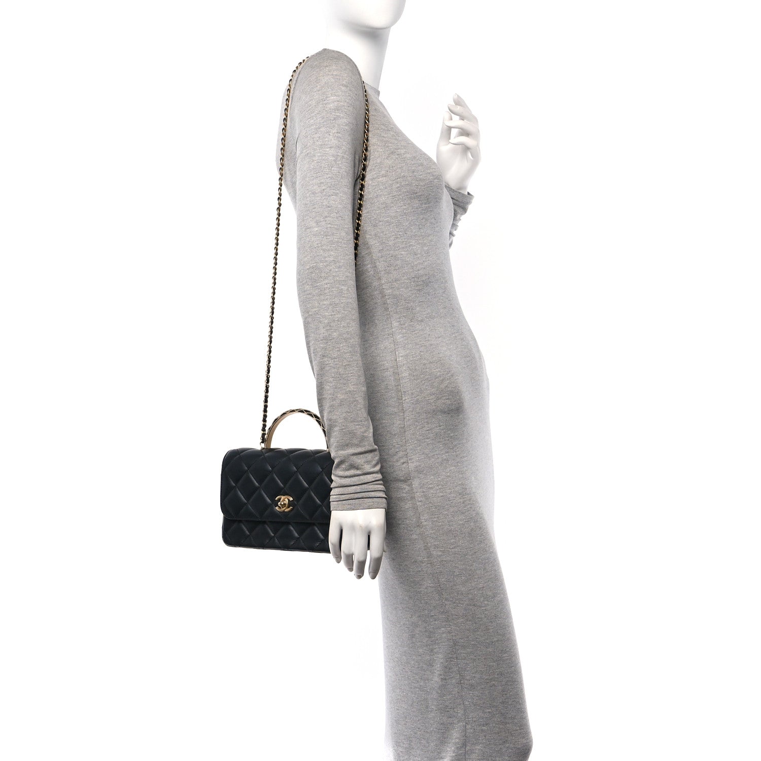 Lambskin Metal Quilted Twist Top Handle Flap With Chain Black
