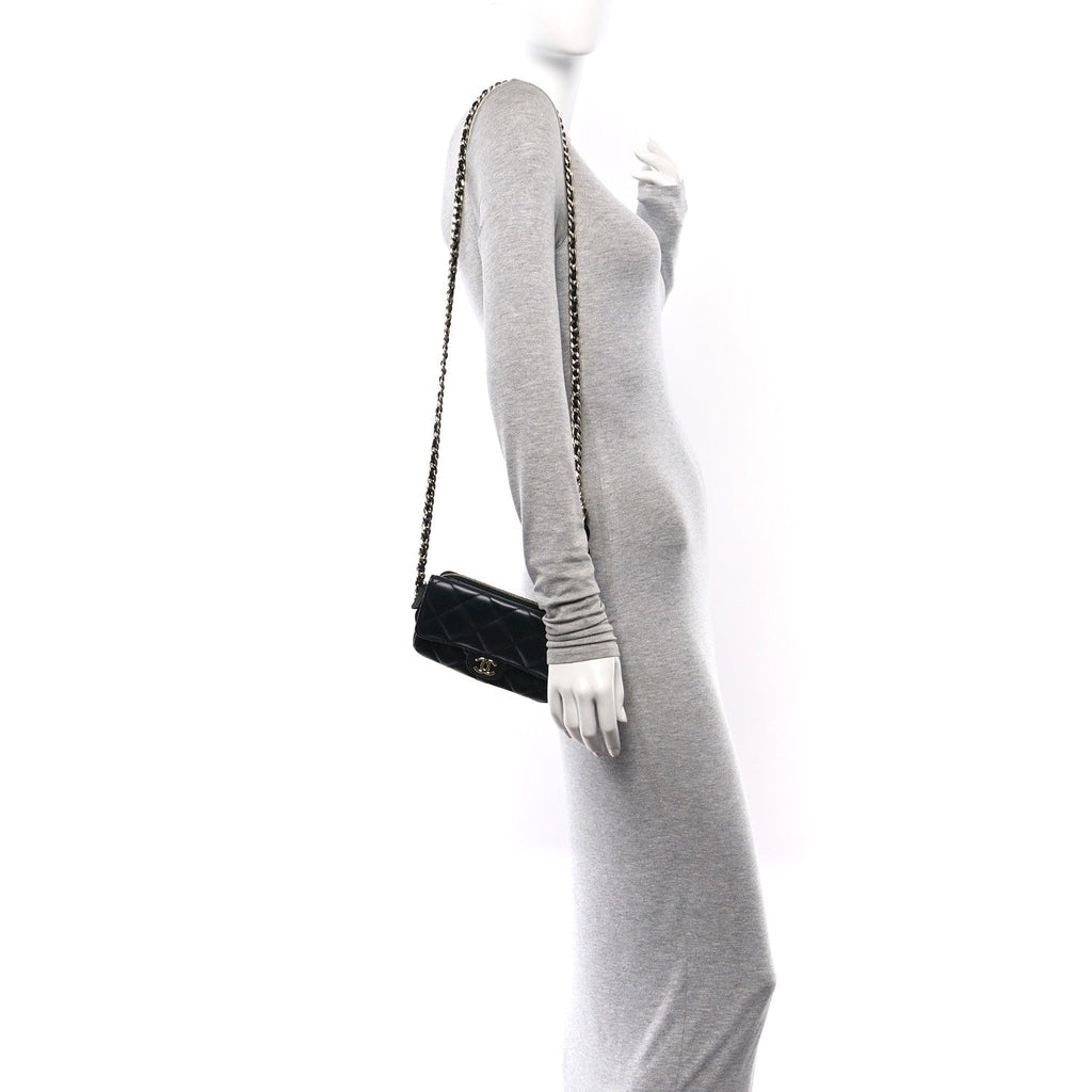 Lambskin Quilted Resin Bi-Color Flap Phone Holder With Chain Black