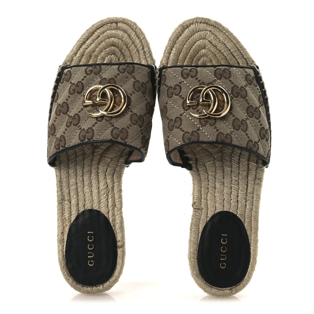 Monogram Matelasse GG Marmont Espadrille 20mm Slide Sandals 37.5 Beige Ebony Black