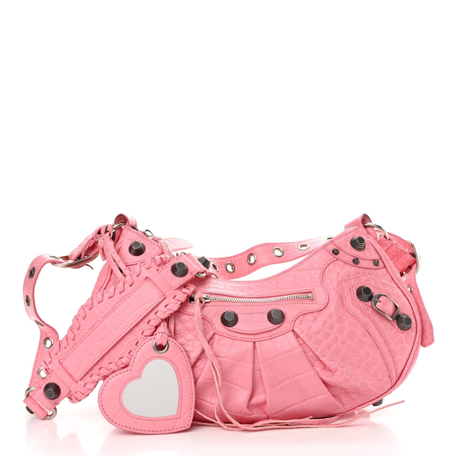 Extra Supple Calfskin Crocodile Embossed Small Le Cagole Shoulder Bag Sweet Pink