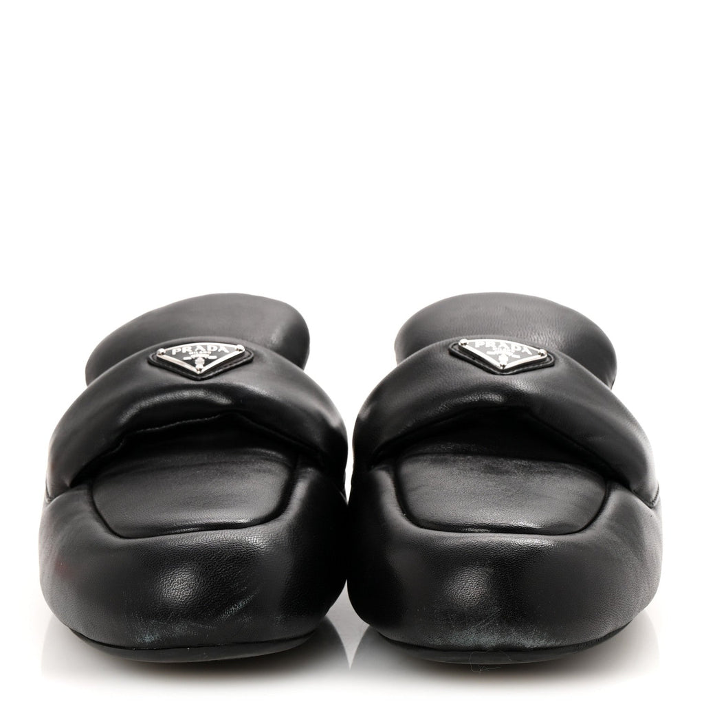 Nappa Soft Padded Metal Triangle Logo Lug Sole 20mm Mules 40.5 Black