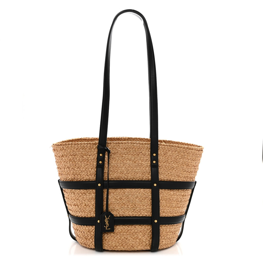 Raffia Calfskin Caged Tote Naturale Black