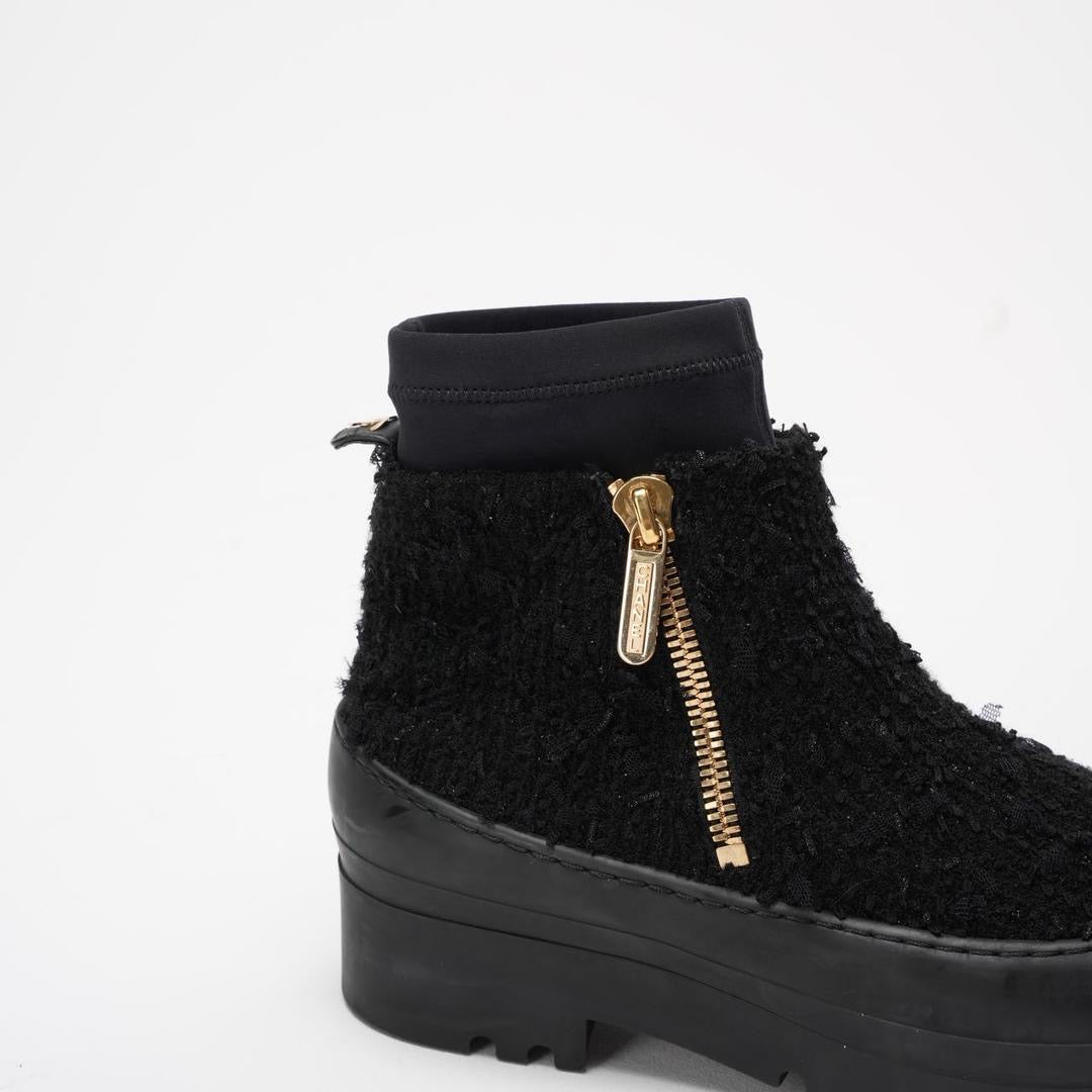 Chanel Black Tweed Rubber CC Short Boots Size 40