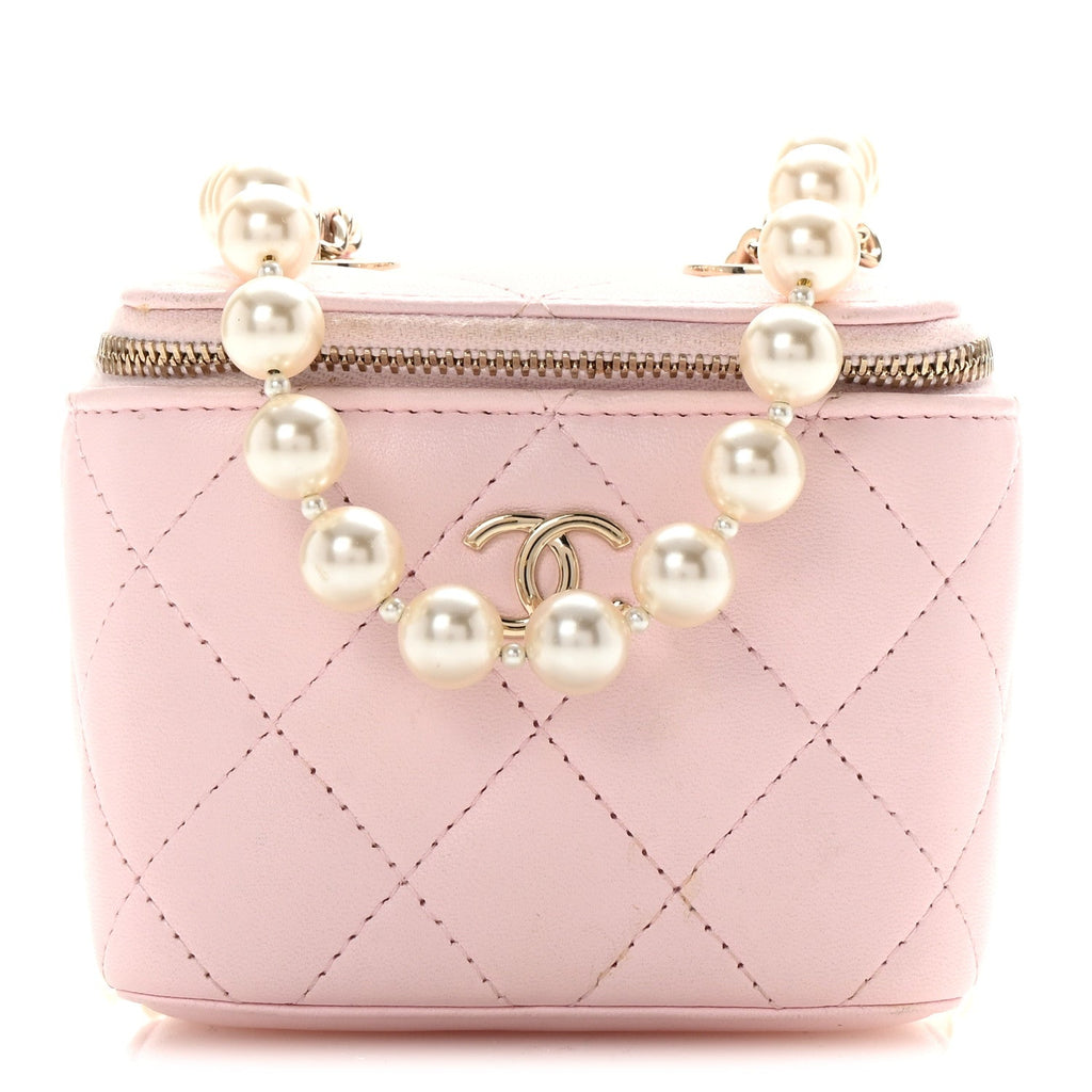Lambskin Quilted Mini Vanity Case With Pearl Chain Light Pink