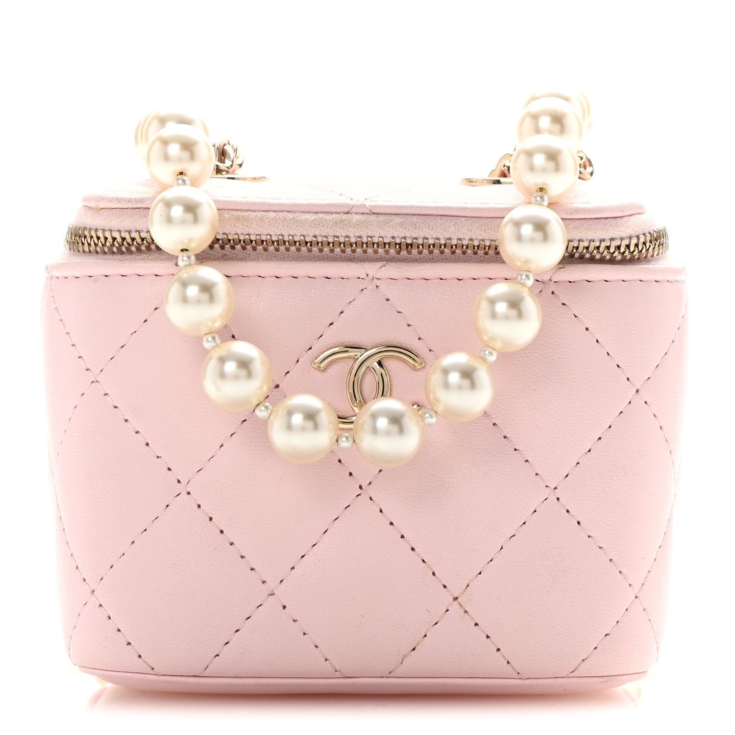 Lambskin Quilted Mini Vanity Case With Pearl Chain Light Pink