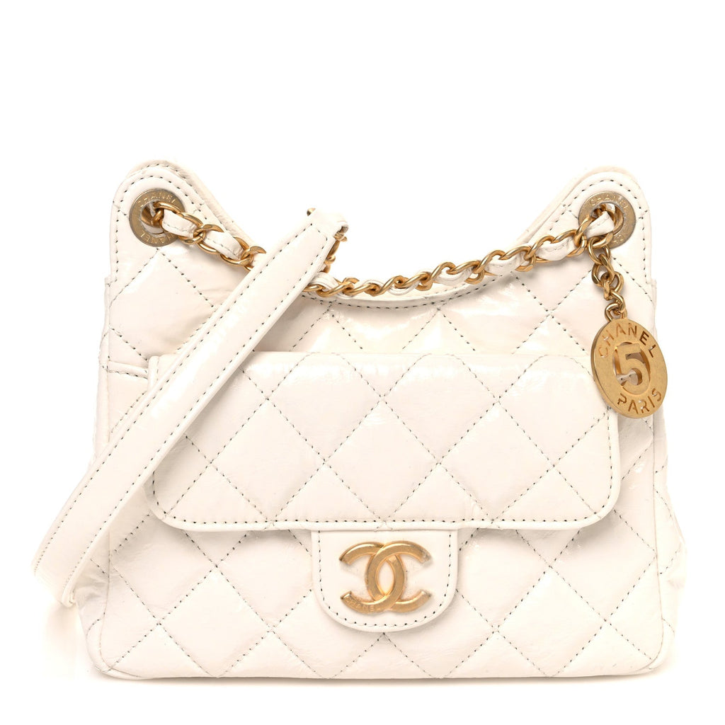 Shiny Crumpled Calfskin Quilted Small Wavy CC Hobo White