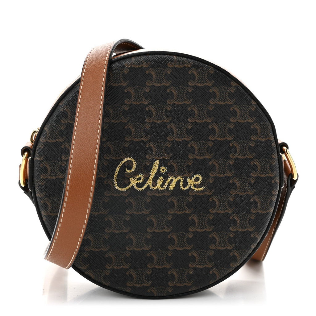 Triomphe Canvas Embroidered Logo Round Purse On Strap Black Tan