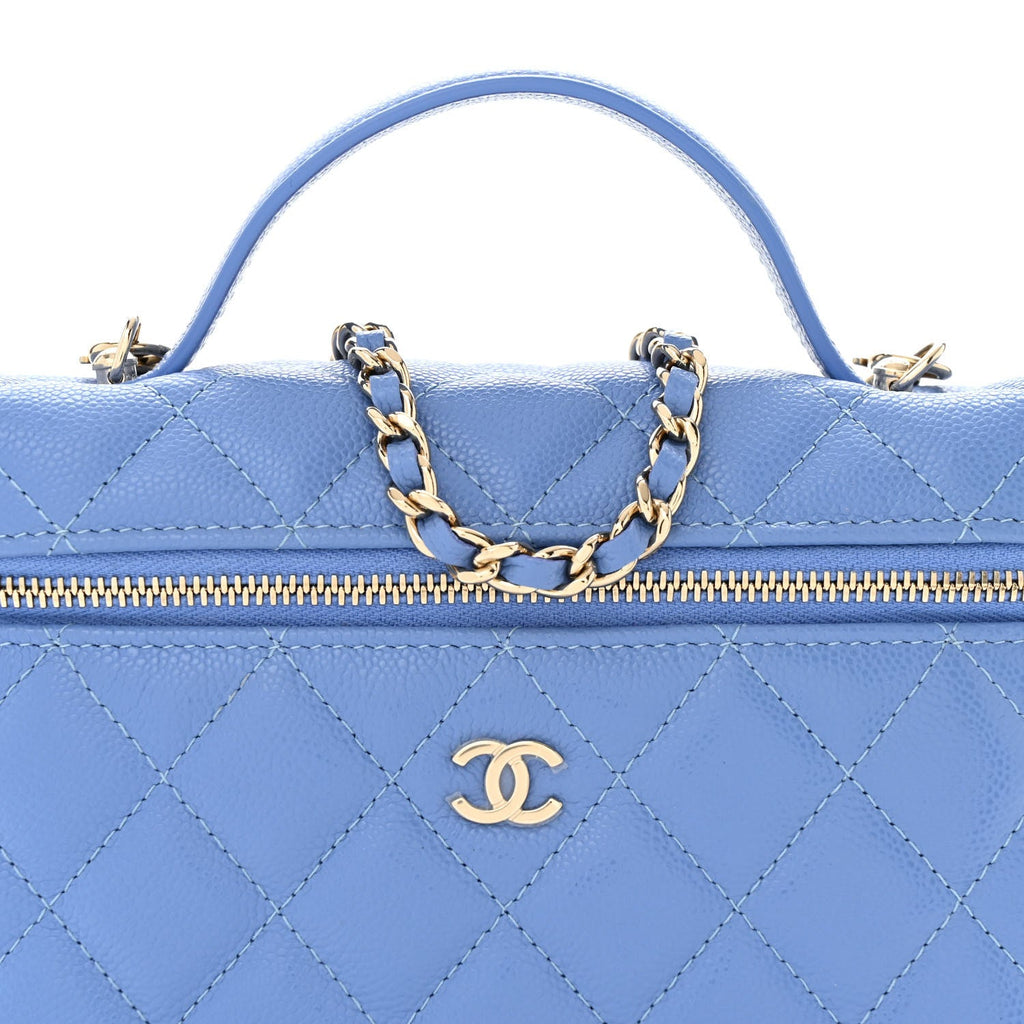 Caviar Quilted Top Handle Slim Vanity With Chain Blue