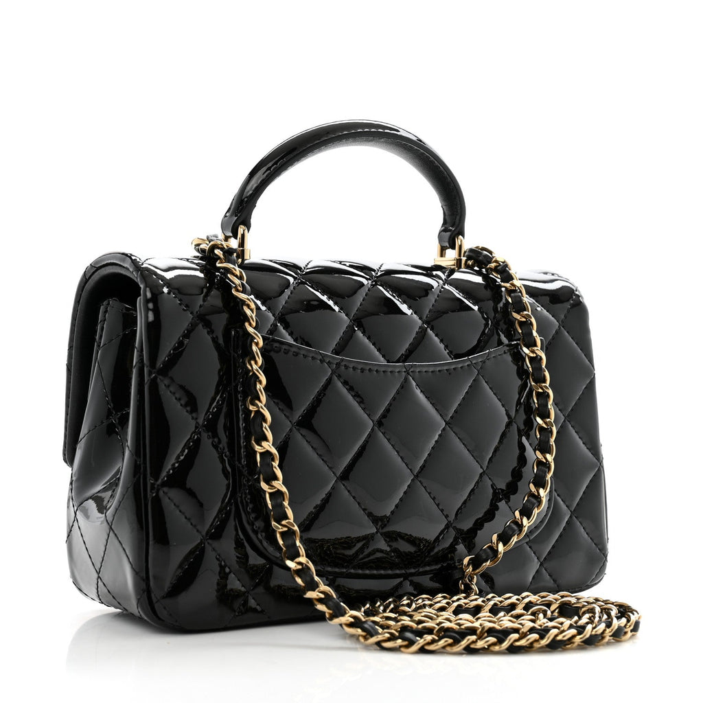 Patent Quilted Mini Top Handle Rectangular Flap Black