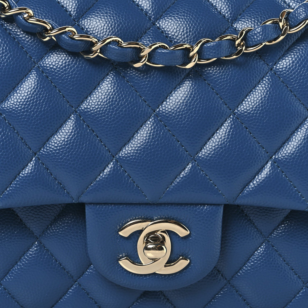 Caviar Quilted Medium Double Flap Blue