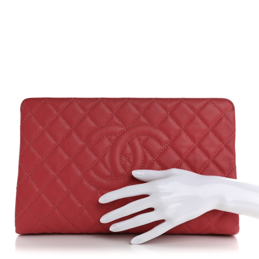 Caviar Quilted CC Large Clutch Coral