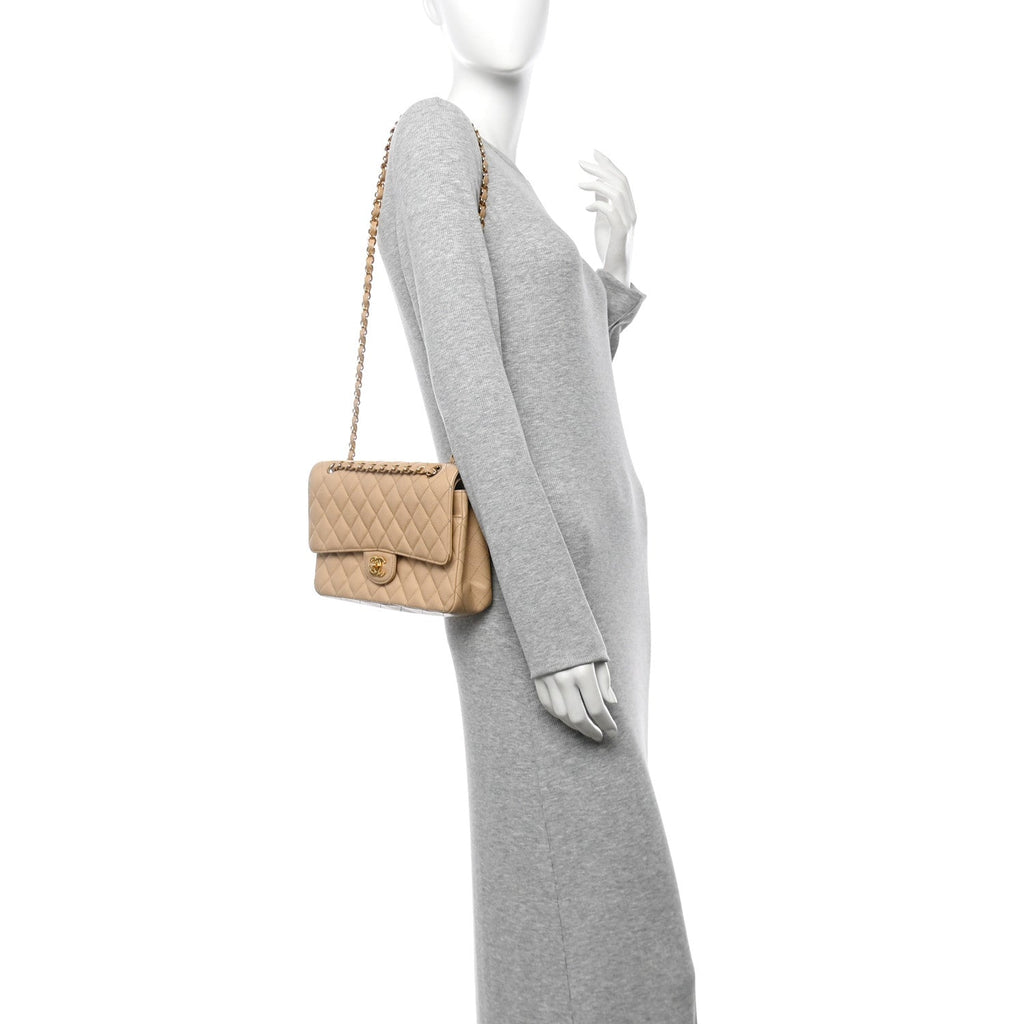 Caviar Quilted Medium Double Flap Beige
