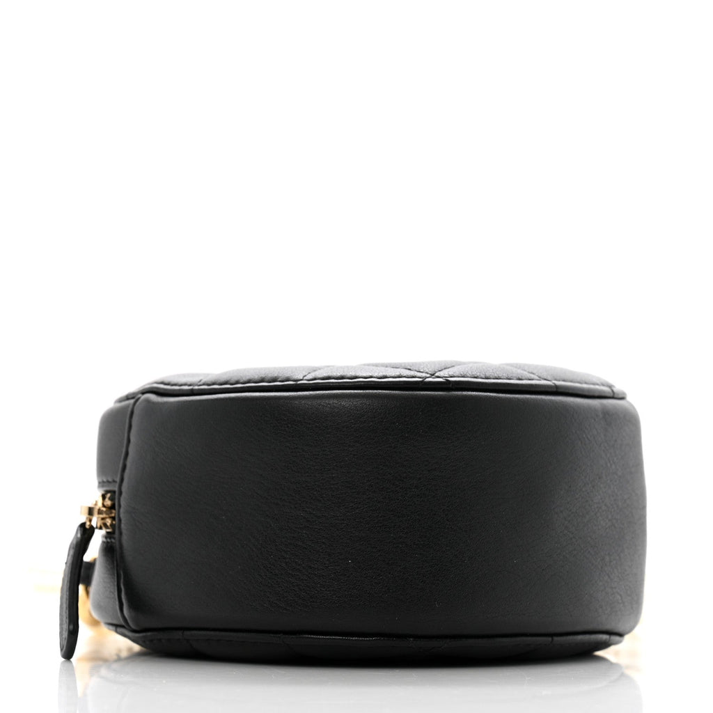 Lambskin Quilted Pearl Chain Round Clutch With Chain Black