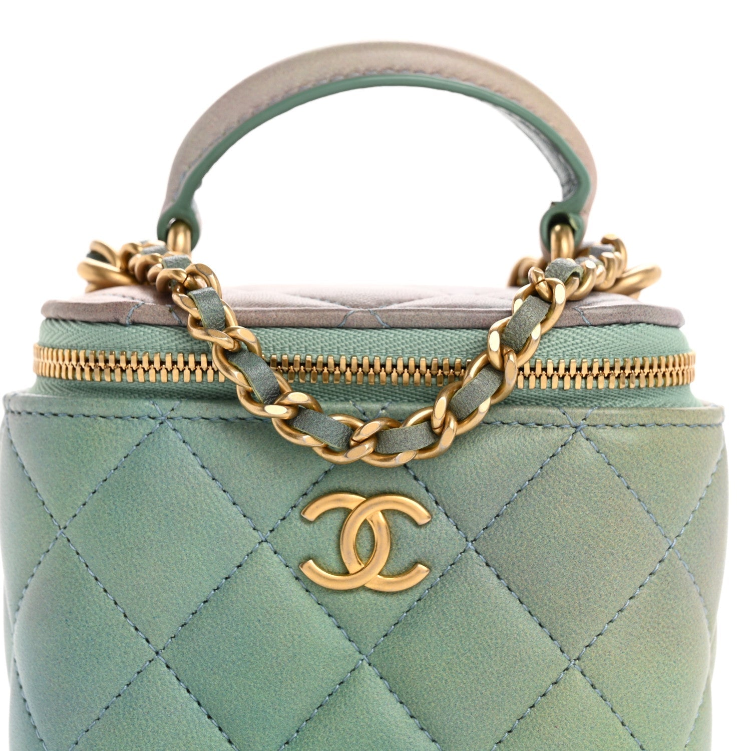 Lambskin Quilted Ombre Top Handle Mini Vanity Case With Chain Blue Green