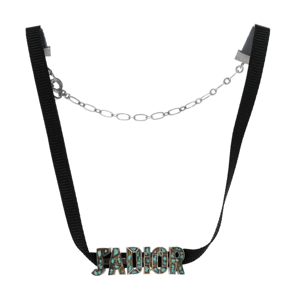 Grosgrain Ribbon Turquoise J'Adior Logo Choker Necklace Black