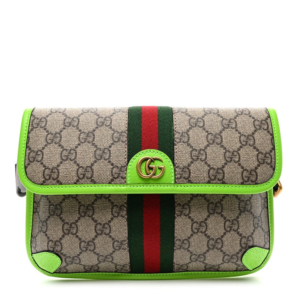 GG Supreme Monogram Web Small Ophidia Belt Bag Beige Ebony Electric Green