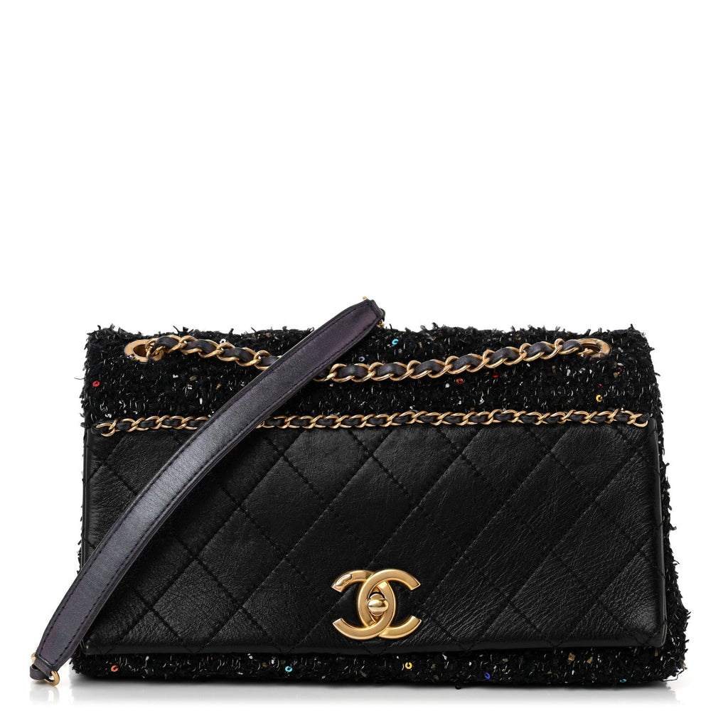 Lambskin Quilted Tweed Sequin Medium Chain Flap Bag Black Multicolor