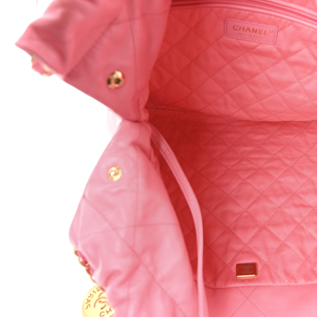 Shiny Calfskin Quilted Chanel 22 Drawstring Bag Coral Pink