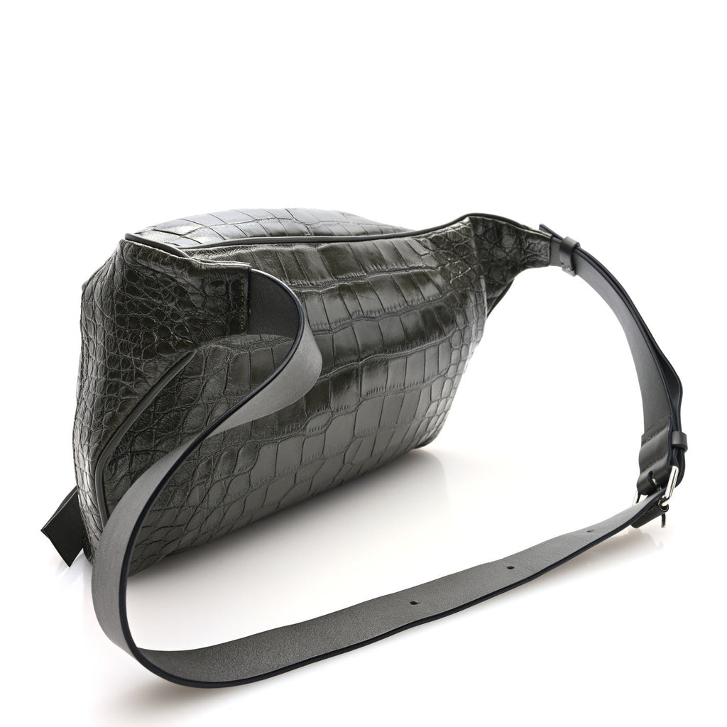 Shiny Calfskin Alligator Embossed VRing Belt Bag Khaki