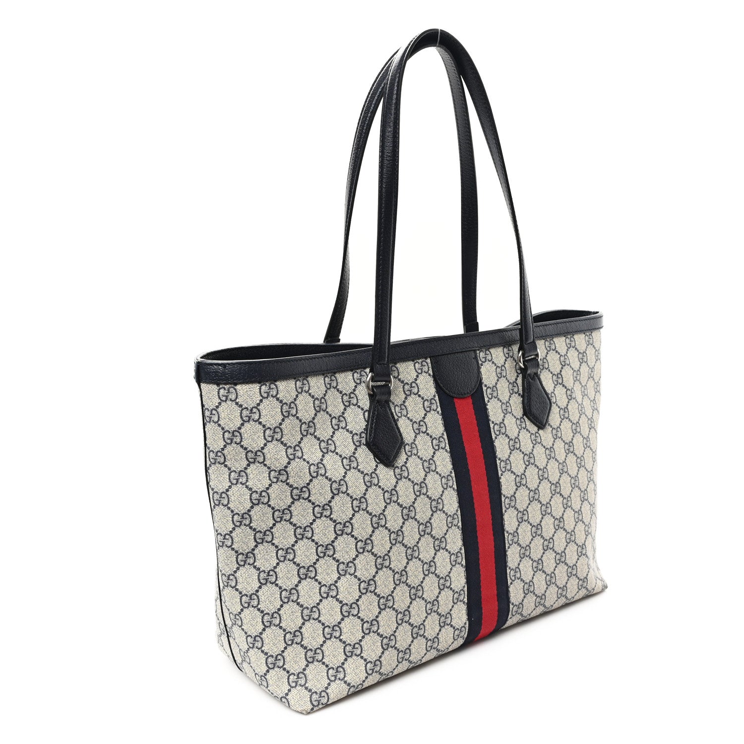 GG Supreme Monogram Textured Calfskin Web Medium Ophidia Shopping Tote Beige Blue