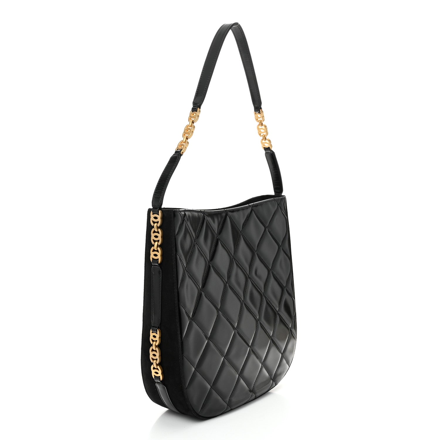 Shiny Calfskin Suede Goatskin Quilted Hobo Black