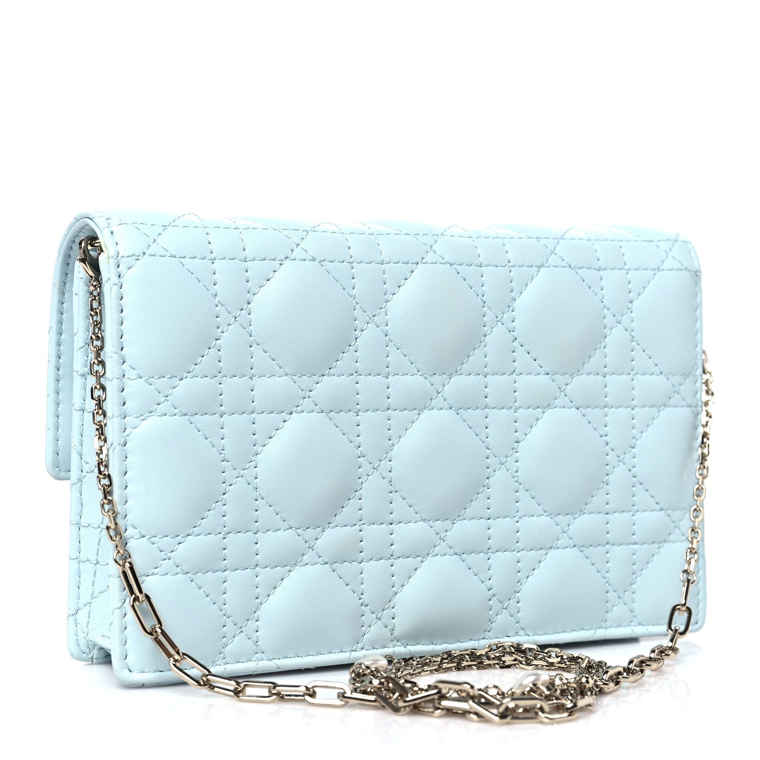 Lambskin Cannage Lady Dior Chain Pouch Light Blue