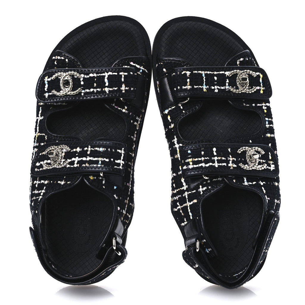 Tweed Lambskin Dad Sandals 39 Black Multicolor