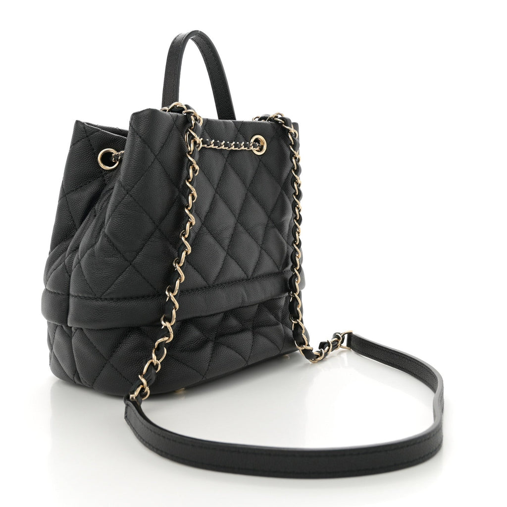 Caviar Quilted Rolled Up Bucket Drawstring Bag Black