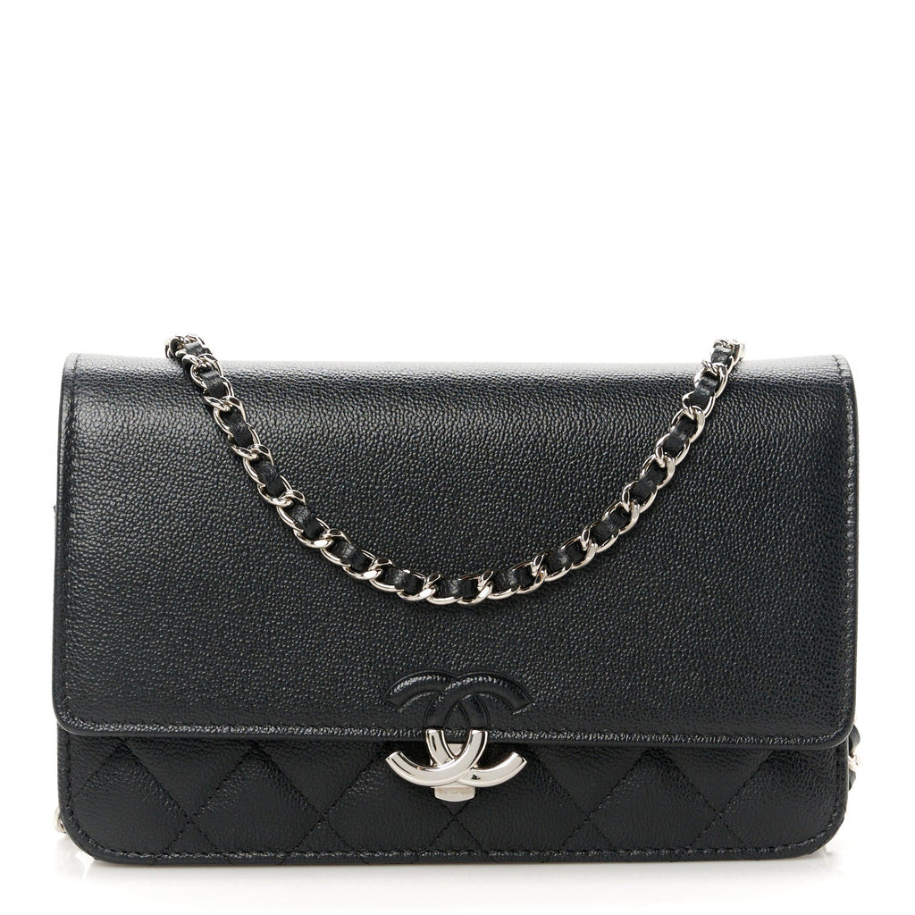 Grained Calfskin Quilted CC Box Wallet On Chain WOC Black