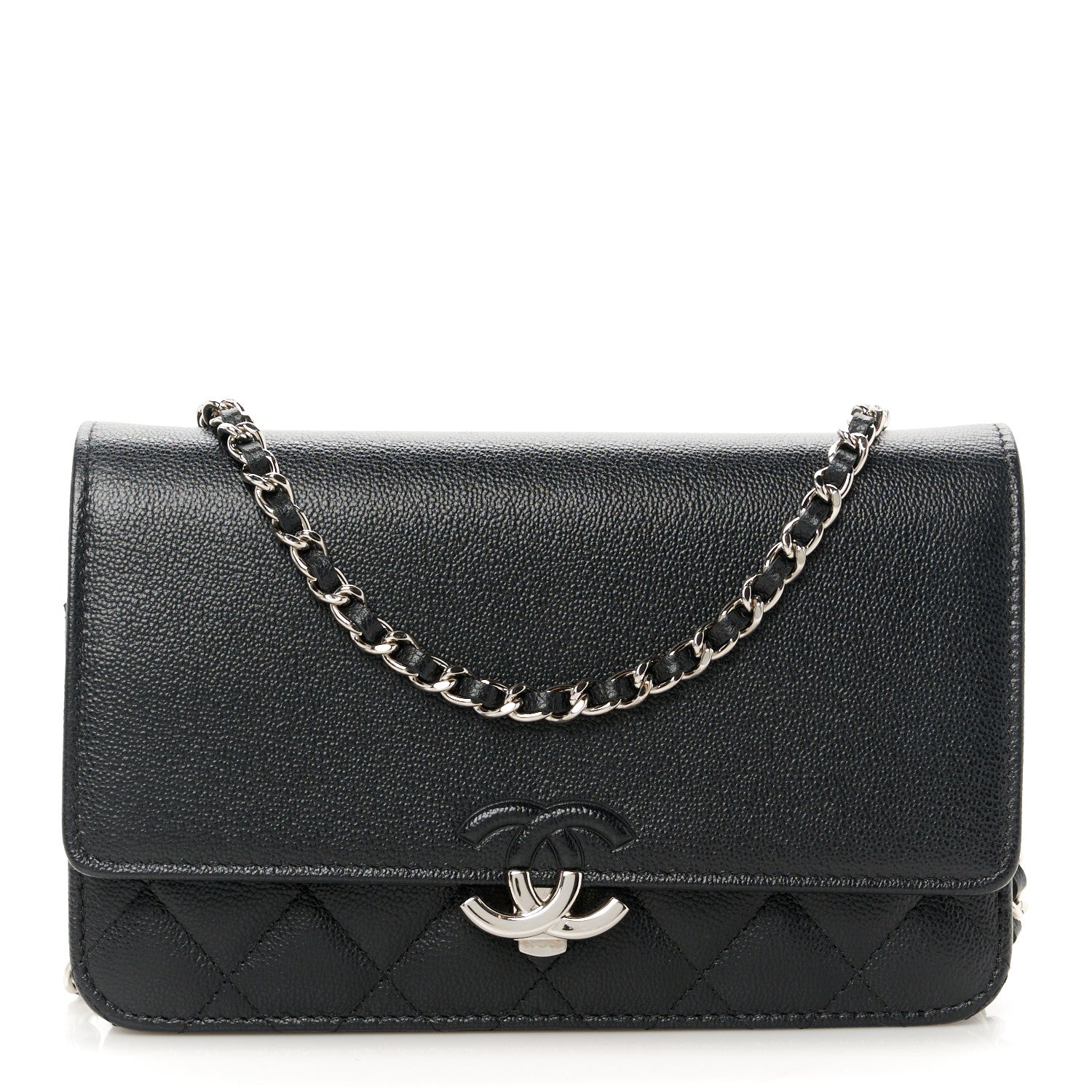 Grained Calfskin Quilted CC Box Wallet On Chain WOC Black