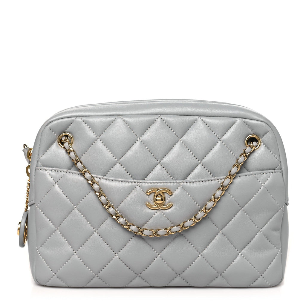 Shiny Lambskin Quilted Medium Camera Case Grey
