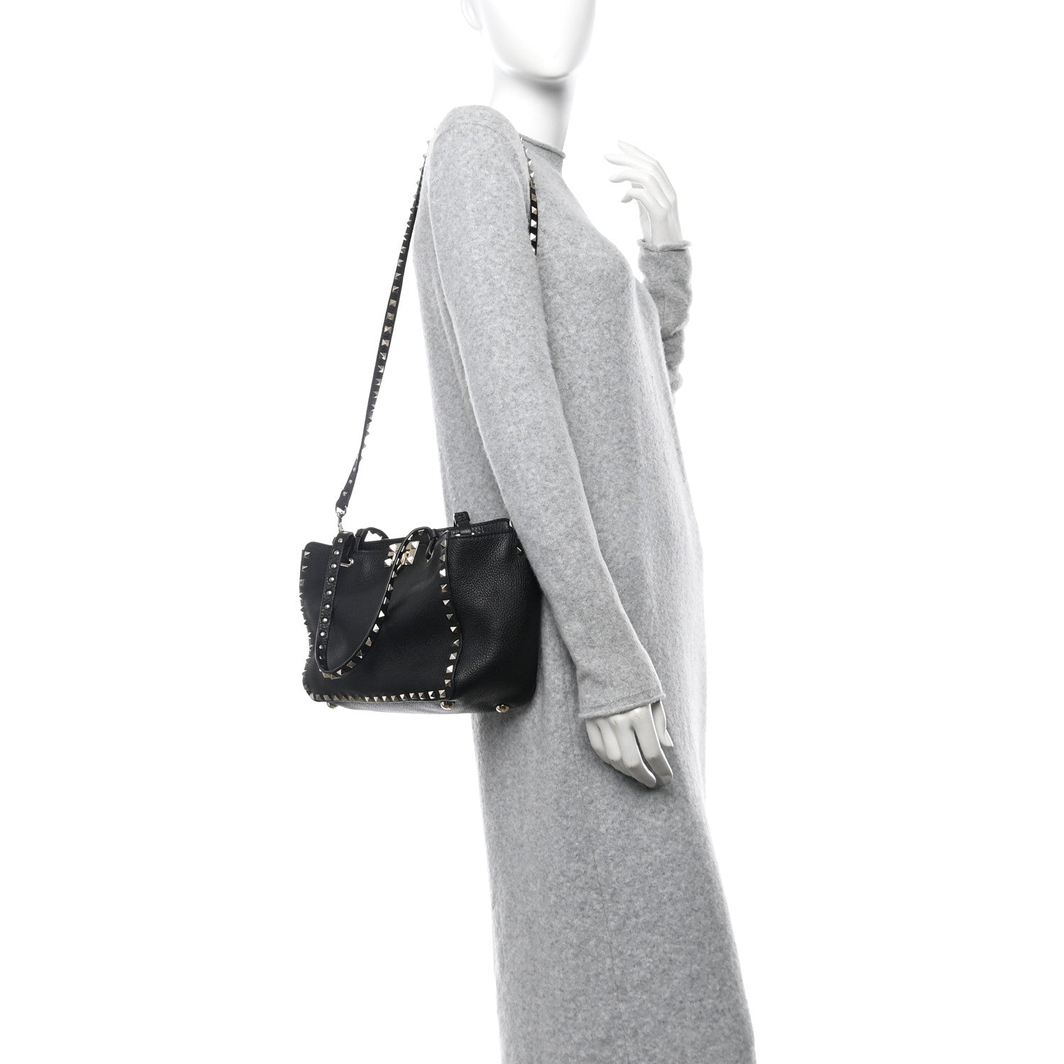 Grained Calfskin Small Rockstud Tote Black