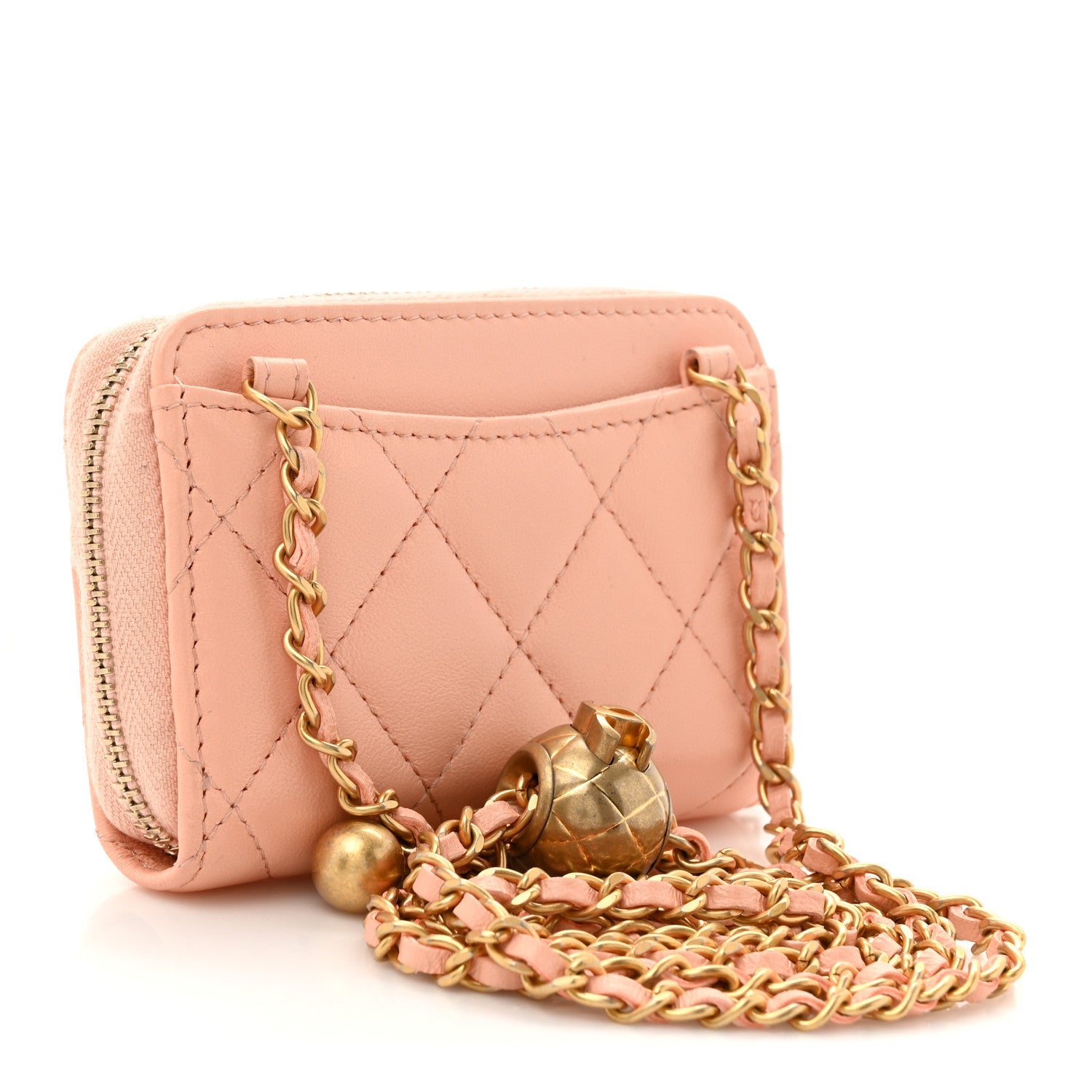 Lambskin Quilted CC Pearl Crush Zip  Holder On Chain Pink