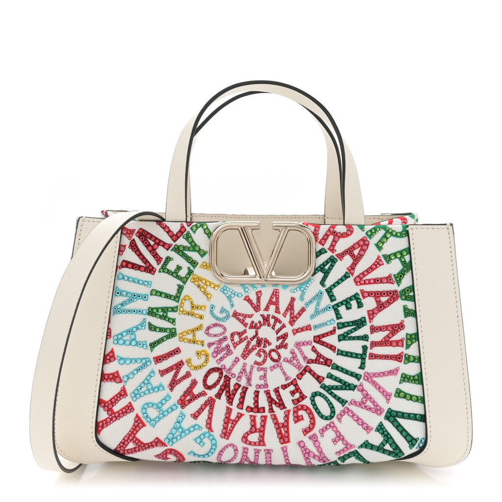 Canvas Calfskin Crystal Small Escape Loop Vlogo Signature Tote White Multicolor