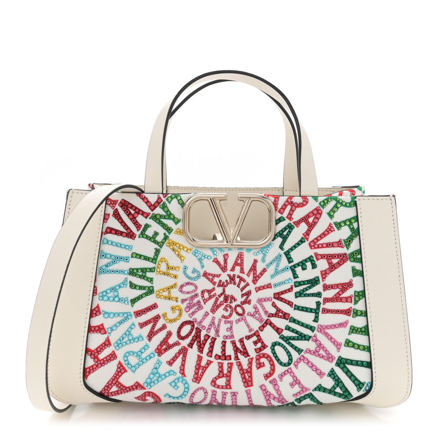 Canvas Calfskin Crystal Small Escape Loop Vlogo Signature Tote White Multicolor