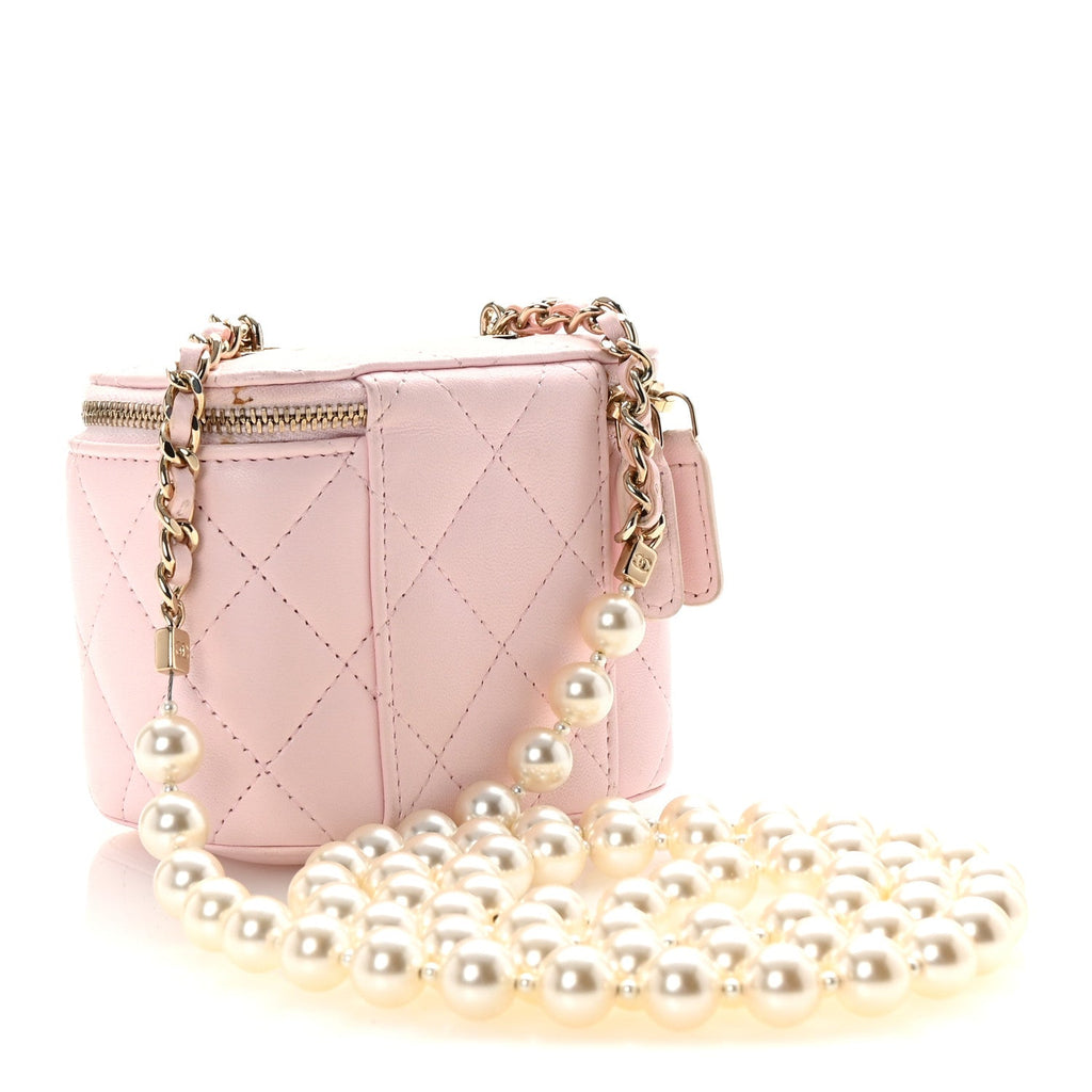 Lambskin Quilted Mini Vanity Case With Pearl Chain Light Pink