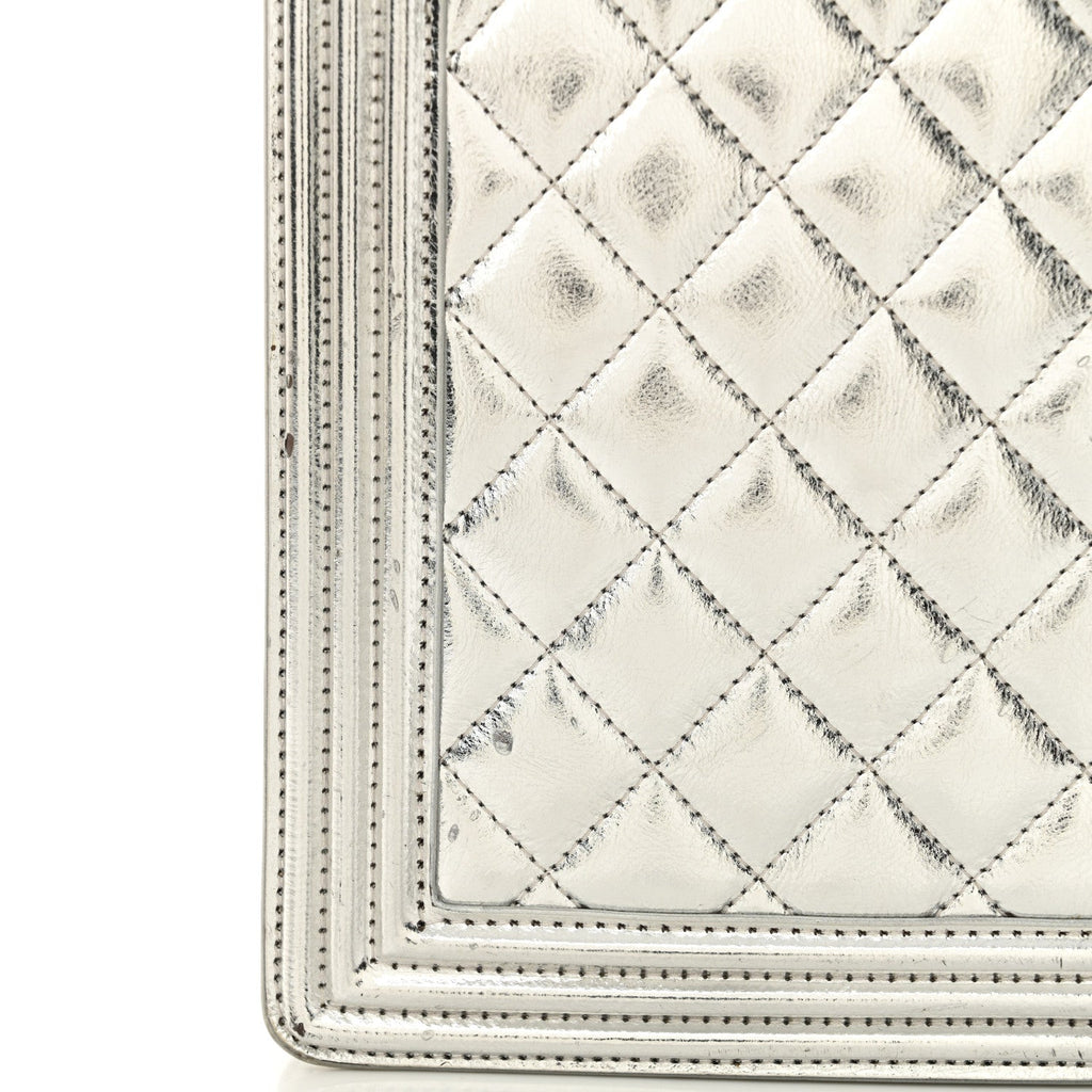 Metallic Goatskin Quilted North South Boy Flap Silver