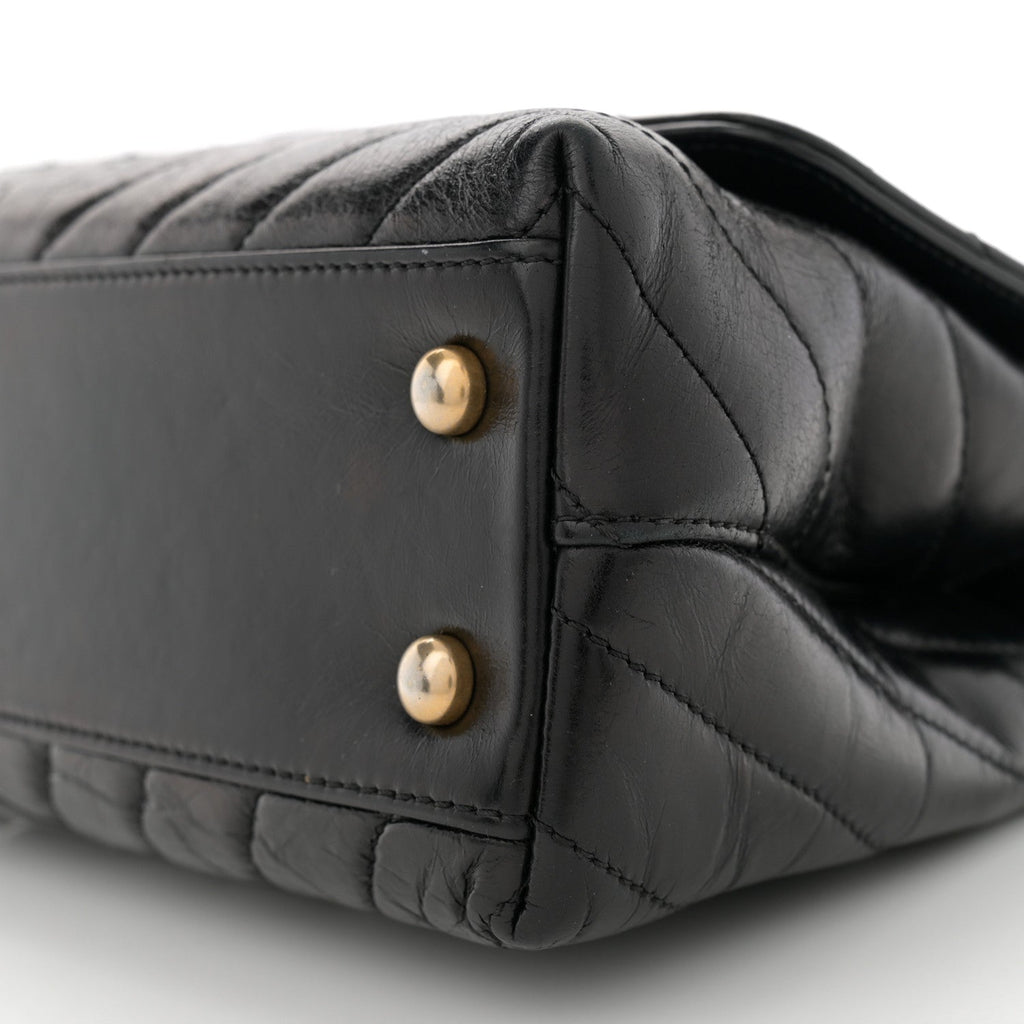 Aged Calfskin Chevron Quilted Mini Coco Handle Flap Black
