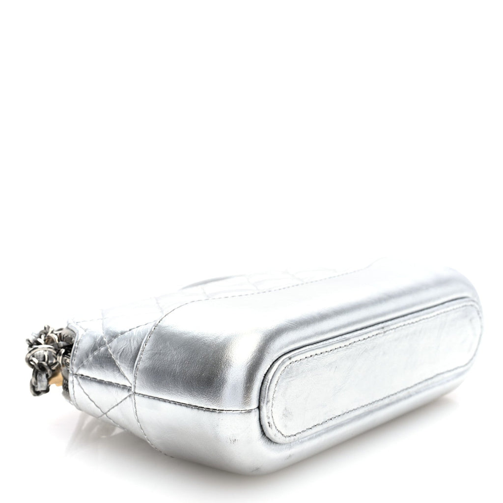 Metallic Lambskin Calfskin Quilted Small Gabrielle Clutch With Chain Silver