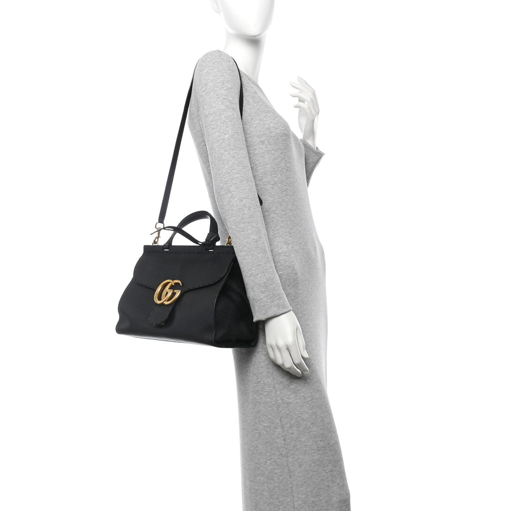 Calfskin Small GG Marmont Top Handle Bag Black