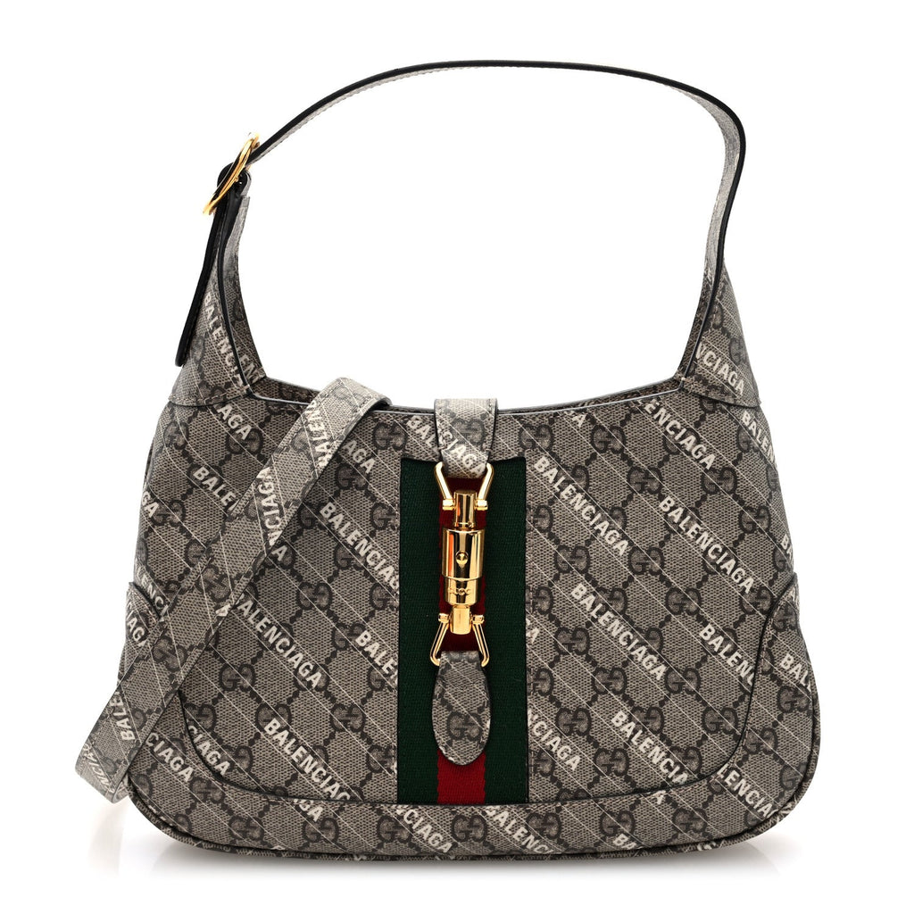 X BALENCIAGA GG Supreme Monogram Striped Logo Print Web Small Jackie 1961 Hobo Beige Ebony Mystic White