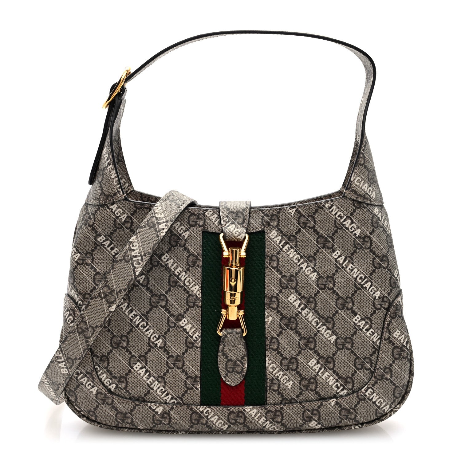 X BALENCIAGA GG Supreme Monogram Striped Logo Print Web Small Jackie 1961 Hobo Beige Ebony Mystic White
