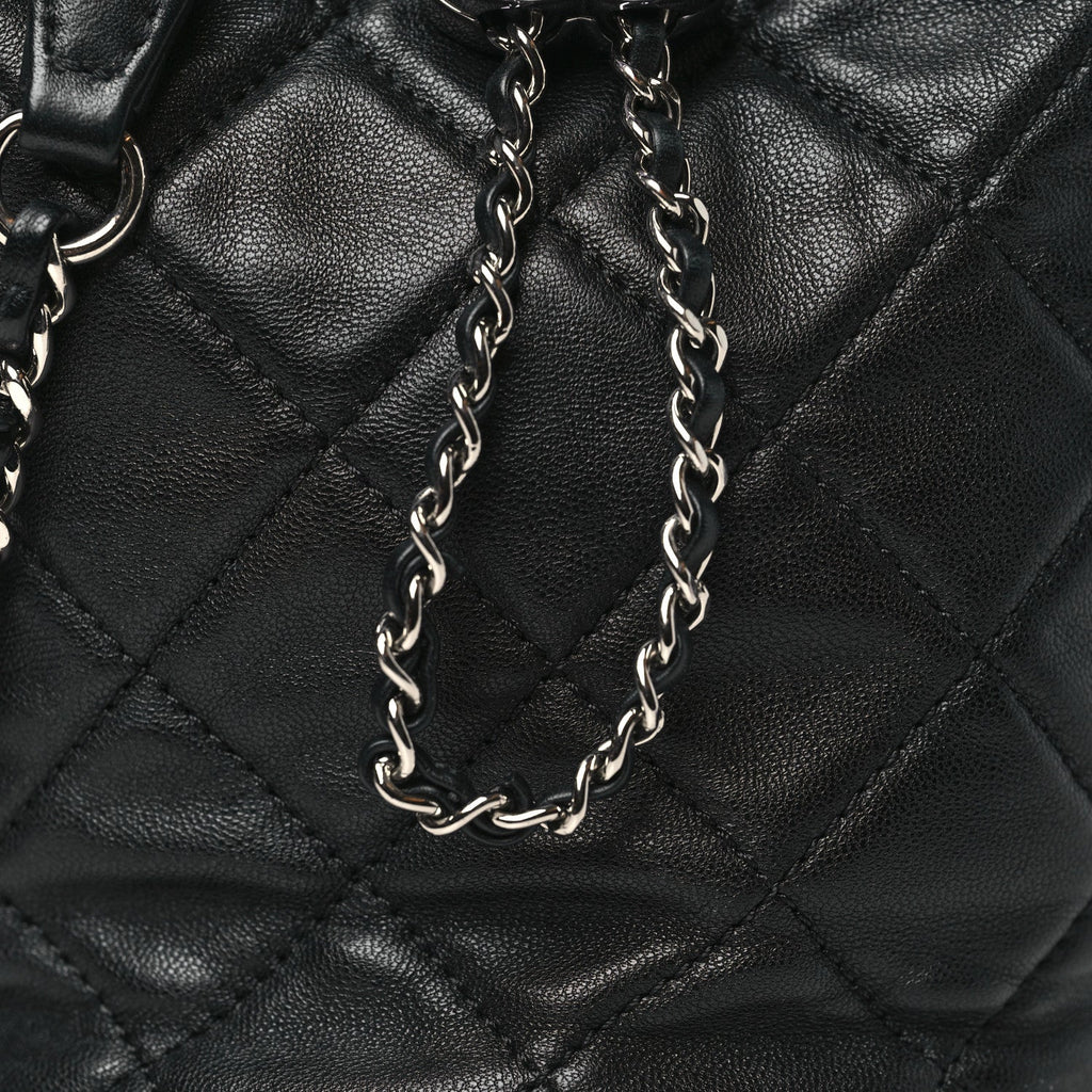 Lambskin Quilted CC Drawstring Bucket Bag Black