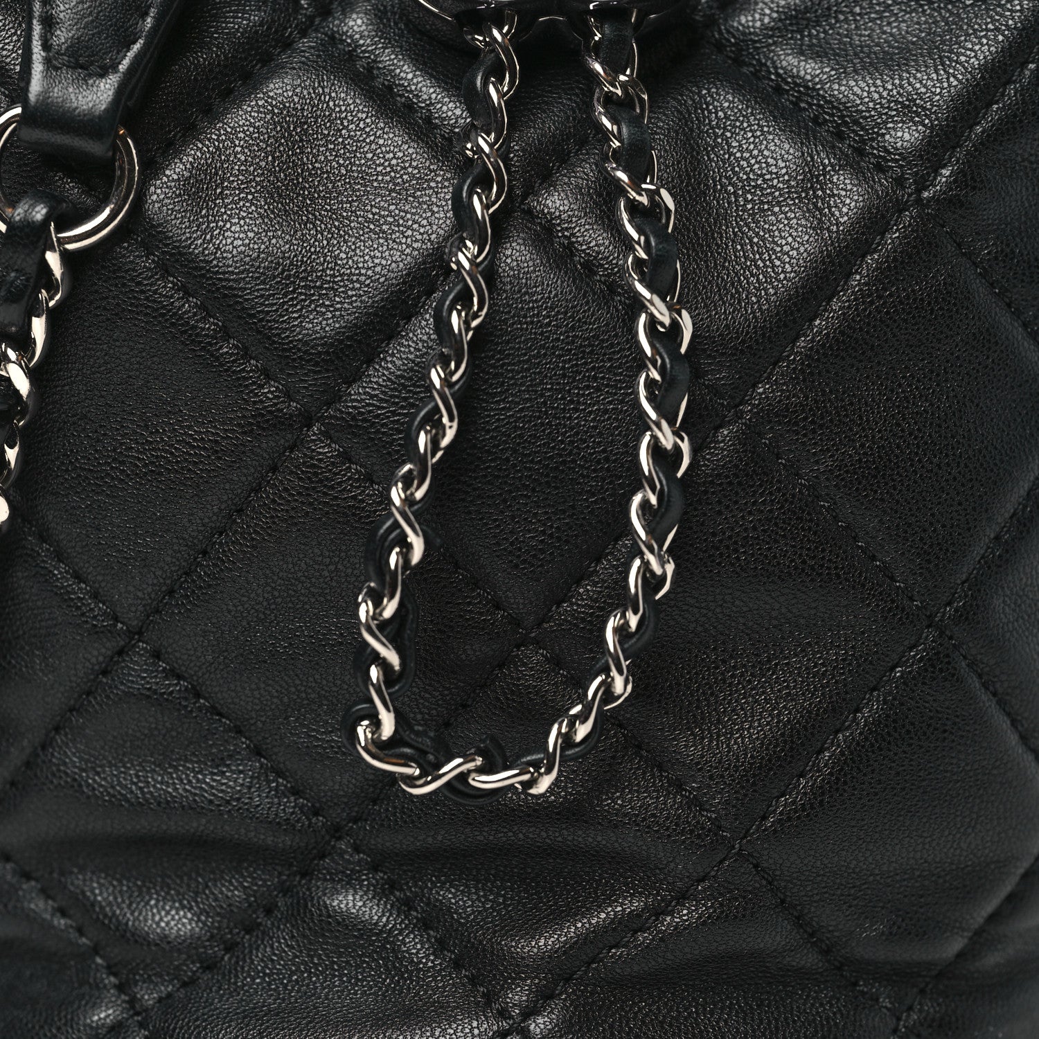 Lambskin Quilted CC Drawstring Bucket Bag Black