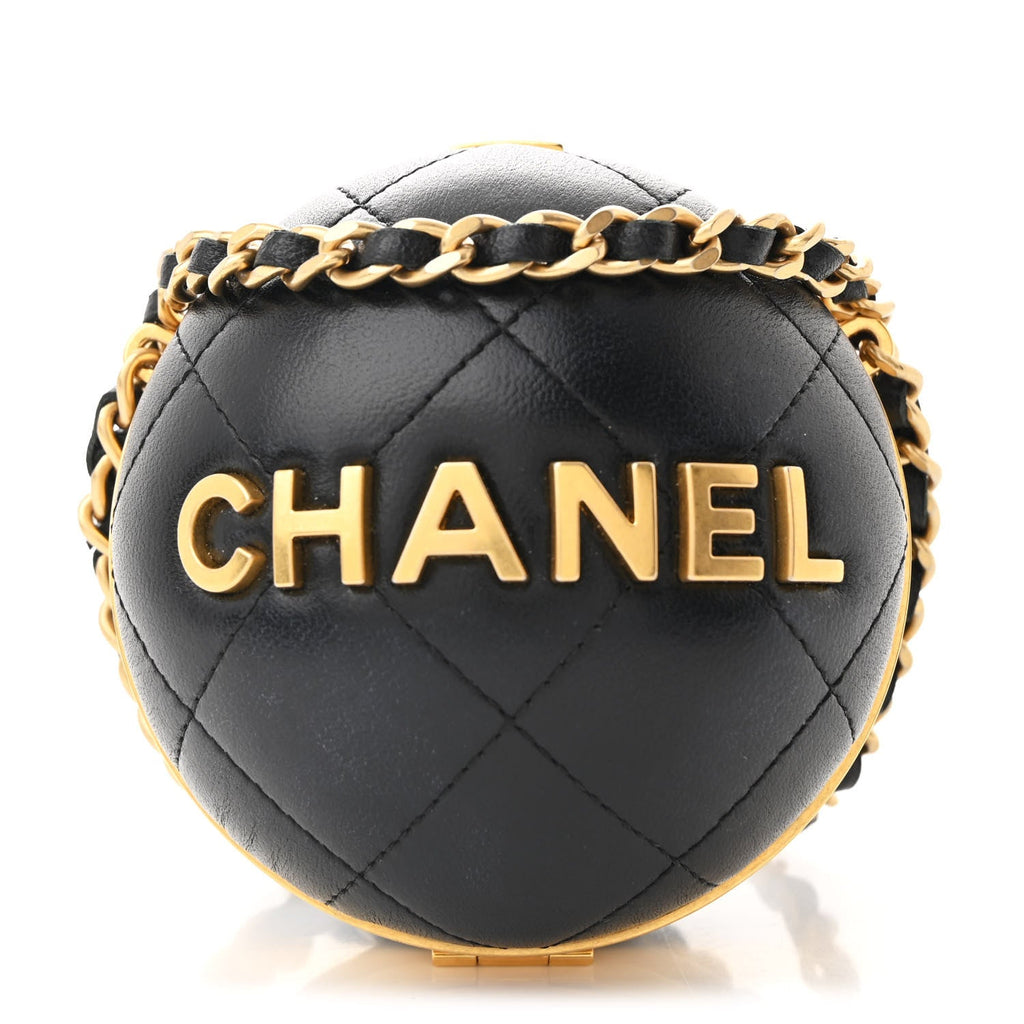 Lambskin Quilted Sphere Minaudiere Chain Clutch Black