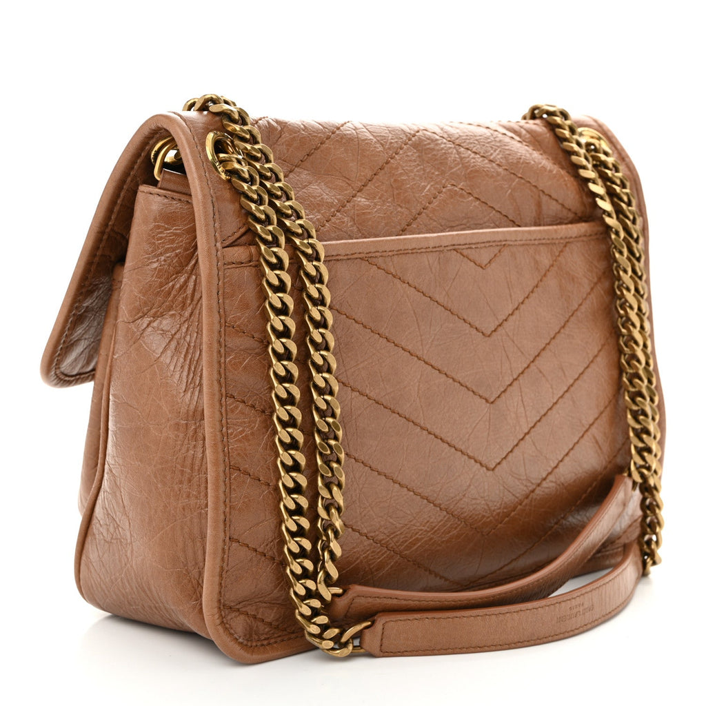 Crinkled Calfskin Matelasse Monogram Medium Niki Chain Satchel Caramel