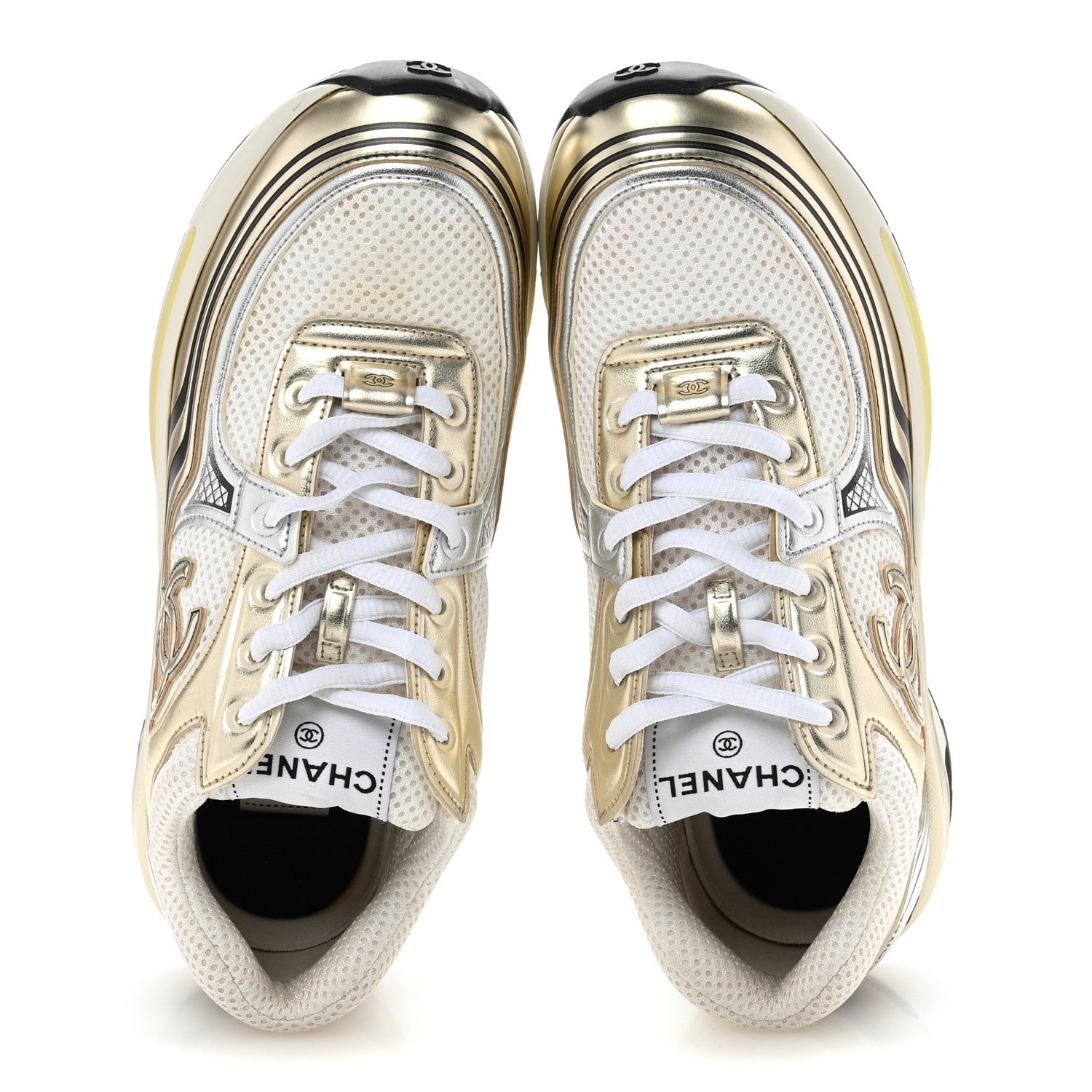 Fabric Laminated Calfskin Stretch CC Sneakers 38 White Gold Silver