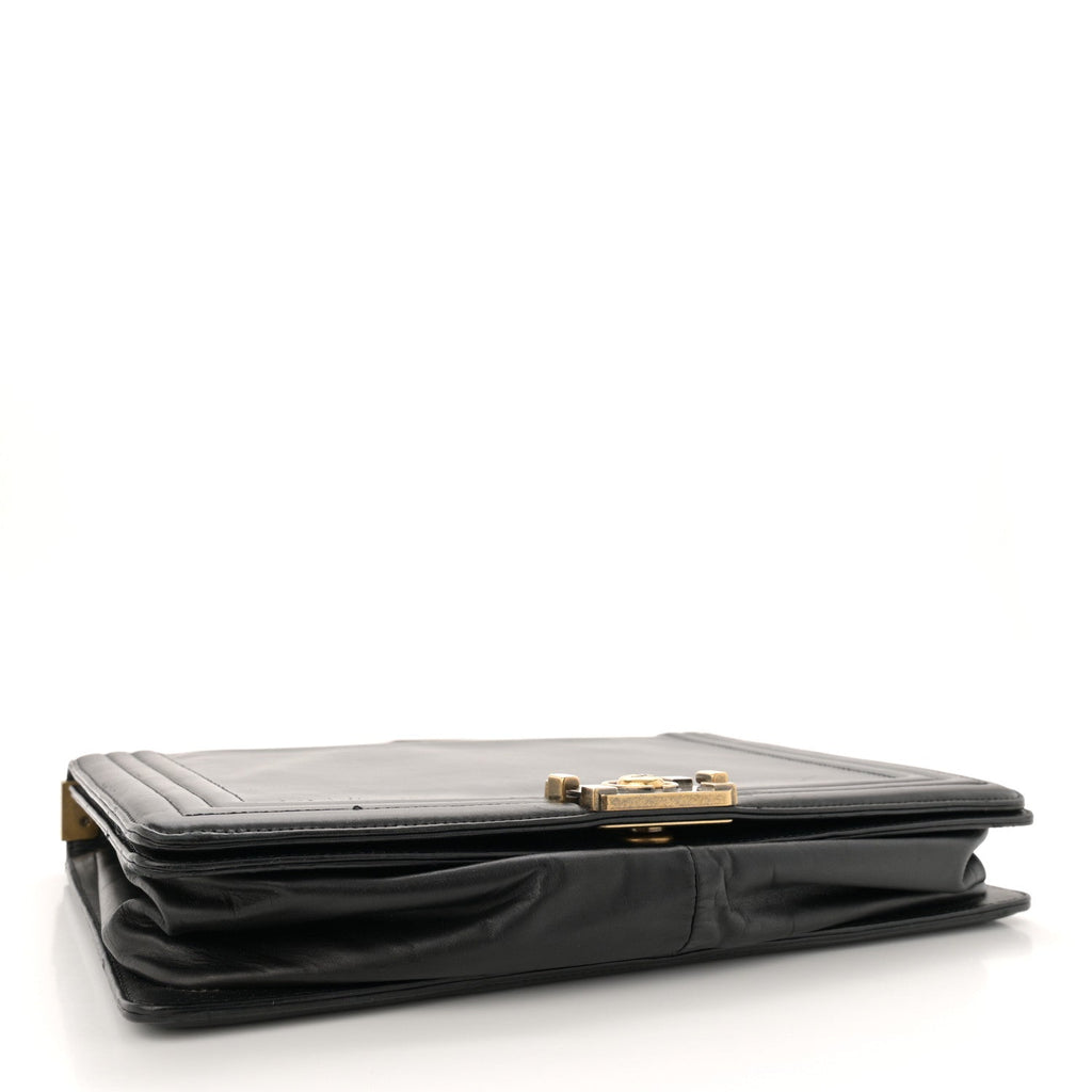 Glazed Calfskin Large Boy Flap Black