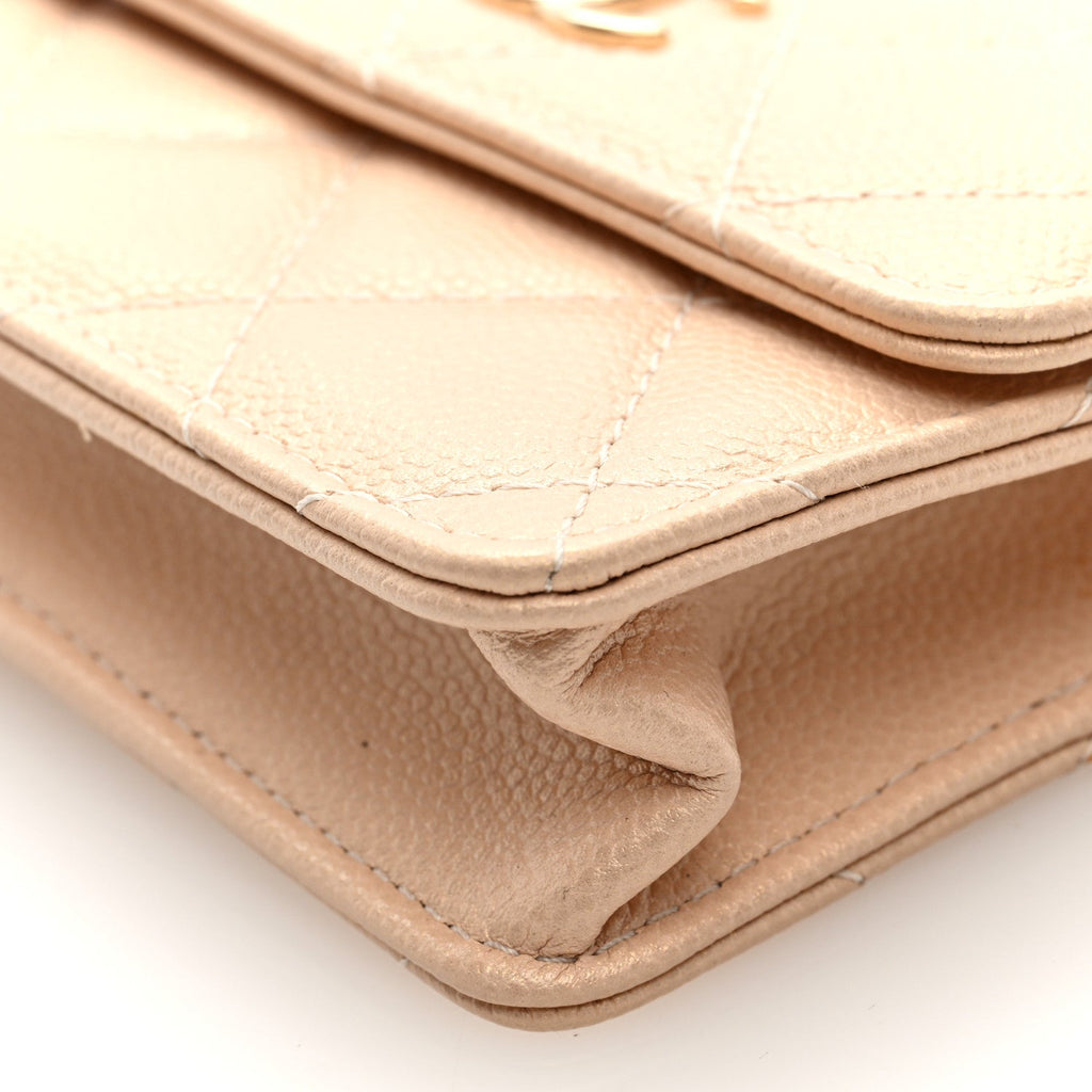 Iridescent Caviar Quilted Pearl  Holder On Chain Beige
